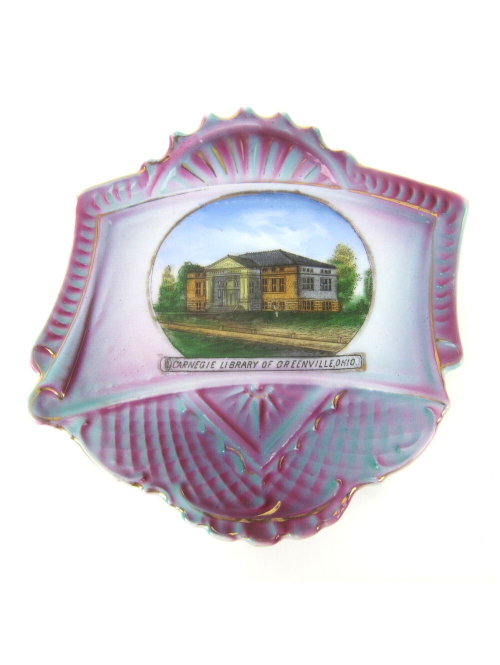 Antique Porcelain Souvenir Plate Carnegie Library Greenville Ohio B. Blottman